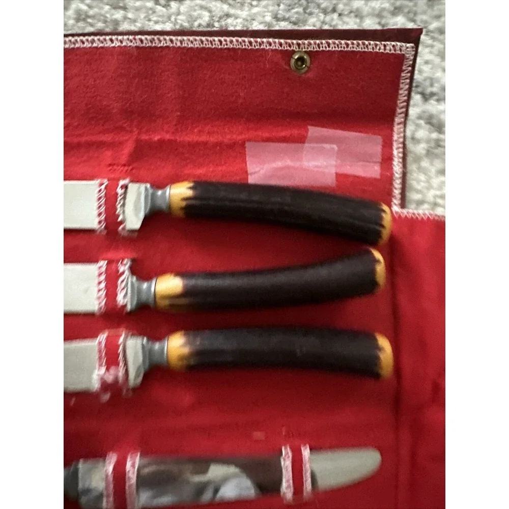 The BURNS Mfg. Co. 6 Steak Knife‎ Set in Leatherette Case & Faux Stag Handles
